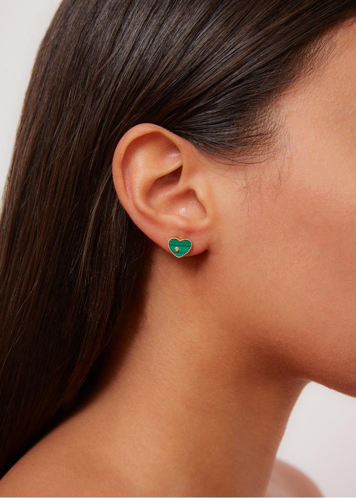 Yvonne Léon Paire De Puces Baby Coeur Malachite Or Jaune