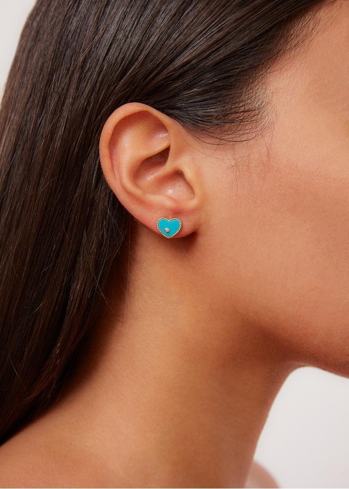 Yvonne Léon Paire De Puces Baby Coeur Turquoise Or Jaune