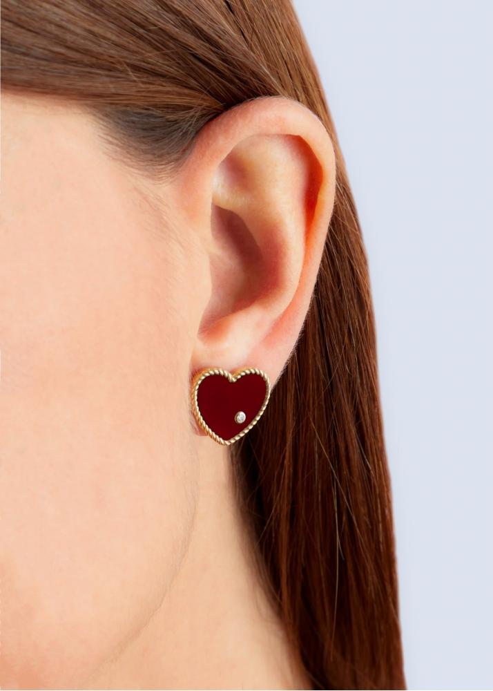 Yvonne Léon Paire De Puces Coeur Agate Rouge Or Jaune