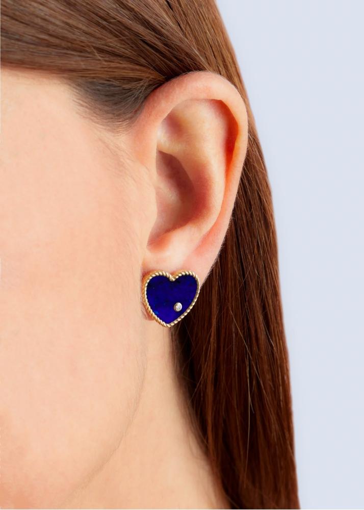 Yvonne Léon Paire De Puces Coeur Lapis Lazuli Or Jaune