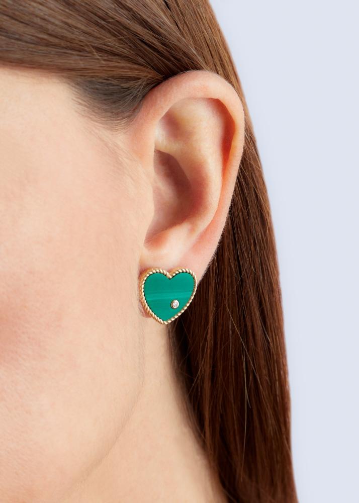 Yvonne Léon Paire De Puces Coeur Malachite Or Jaune