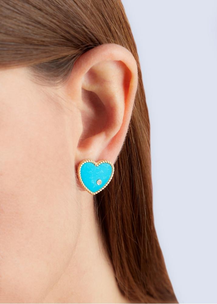 Yvonne Léon Paire De Puces Coeur Turquoise Or Jaune
