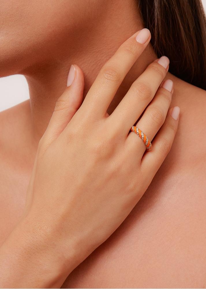 Yvonne Léon Alliance Torsade Email Corail Or Jaune