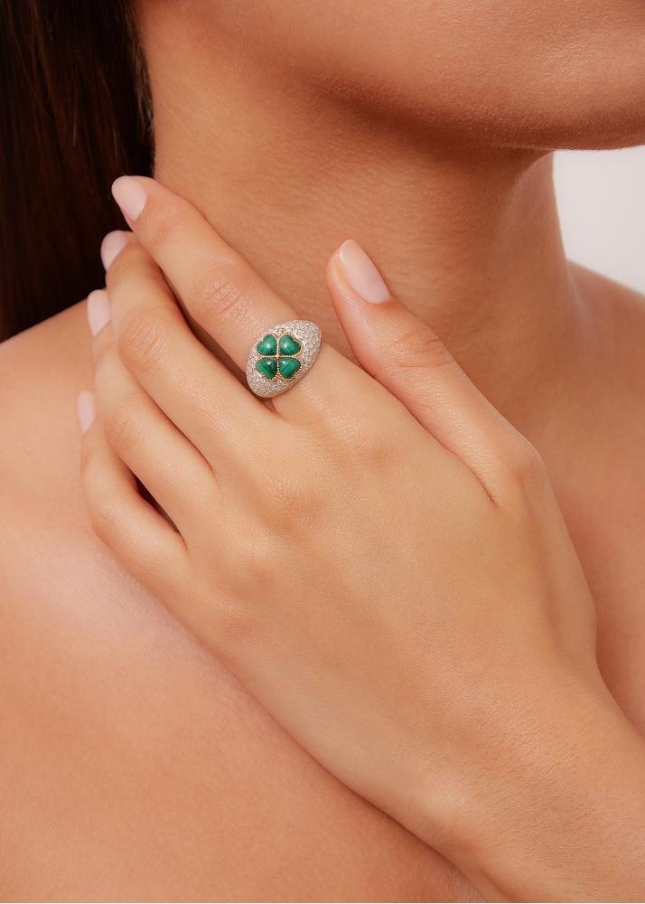 Yvonne Léon Bague Dôme Trèfle Malachite Or Blanc