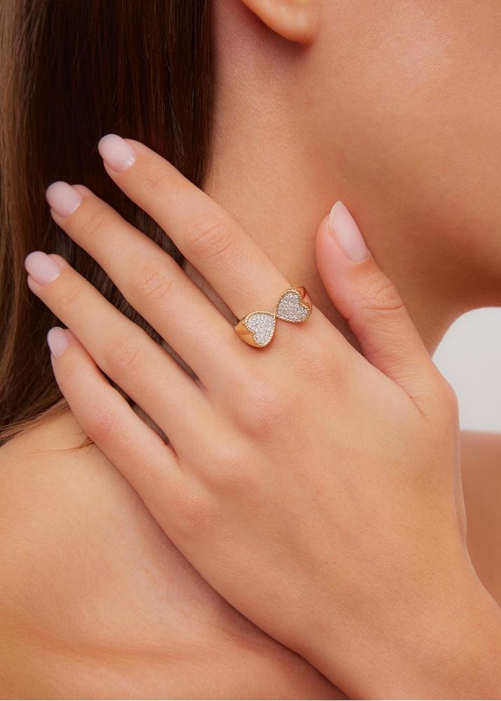 Yvonne Léon Bague Double Coeur Diamants Or Jaune