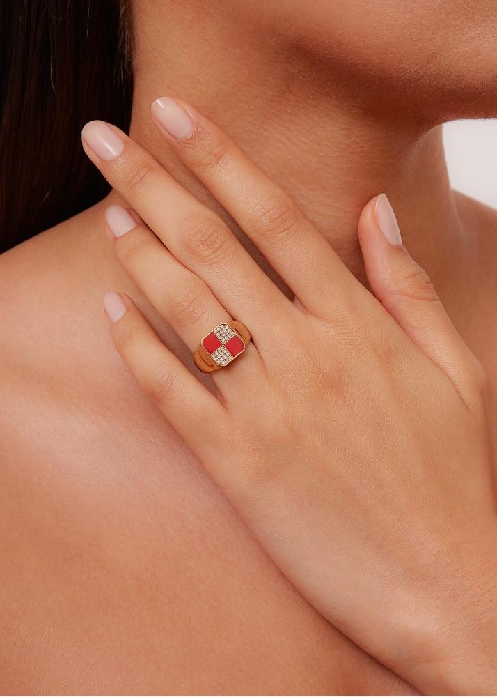 Yvonne Léon Bague Mini Damier Agate Rouge Or Jaune