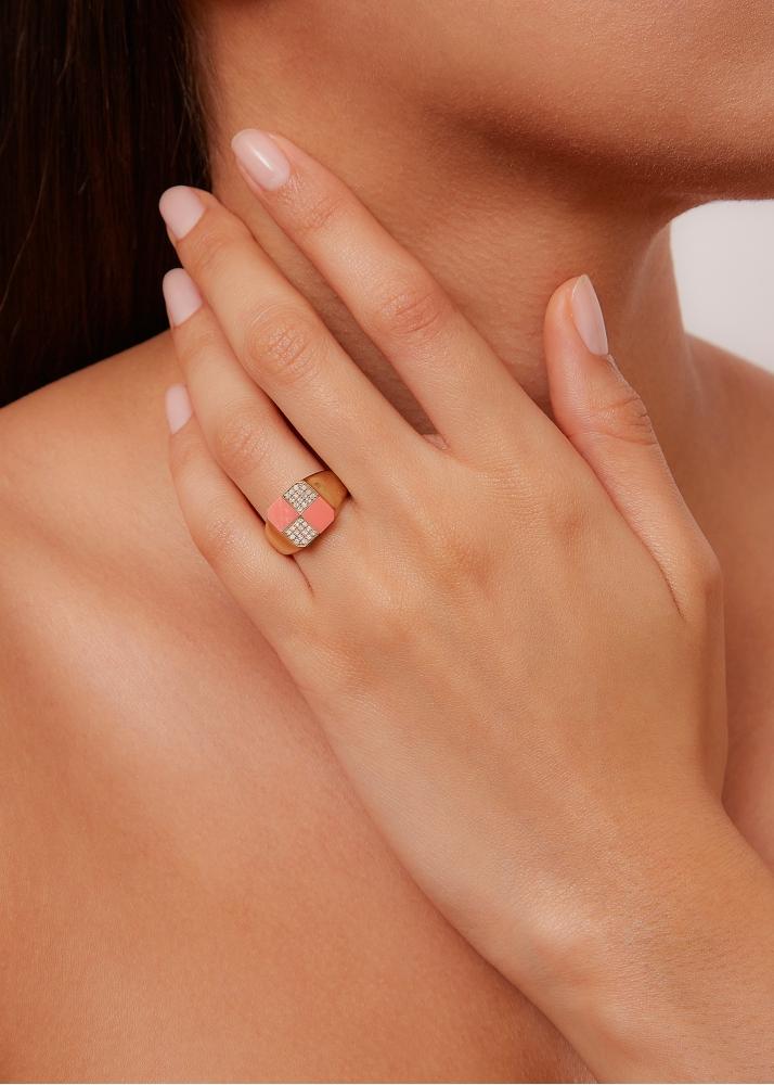 Yvonne Léon Bague Mini Damier Corail Or Jaune