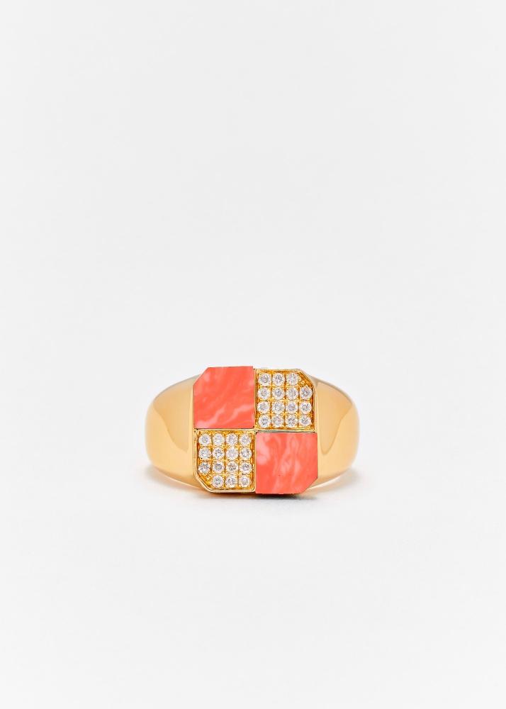 yvonne léon bague mini damier corail or jaune
