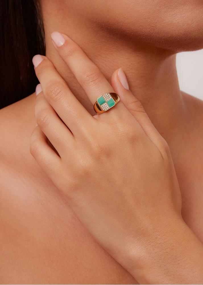 Yvonne Léon Bague Mini Damier Malachite Or Jaune