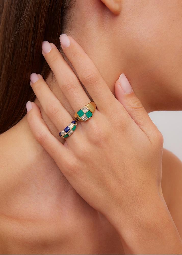 Yvonne Léon Bague Mini Damier Malachite Or Jaune