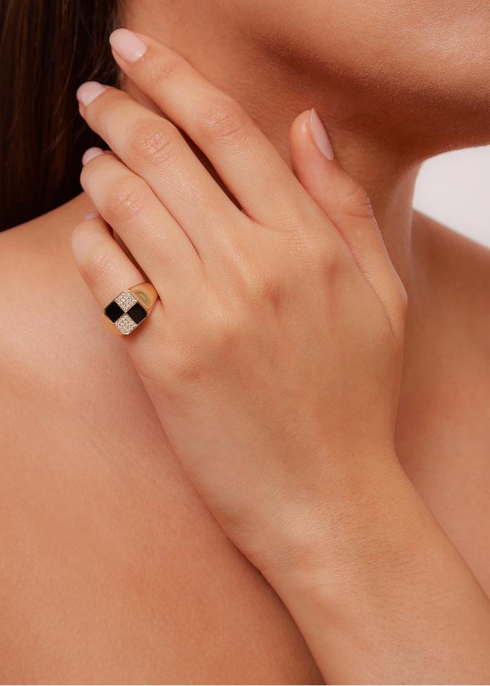 Yvonne Léon Bague Mini Damier Onyx Or Jaune