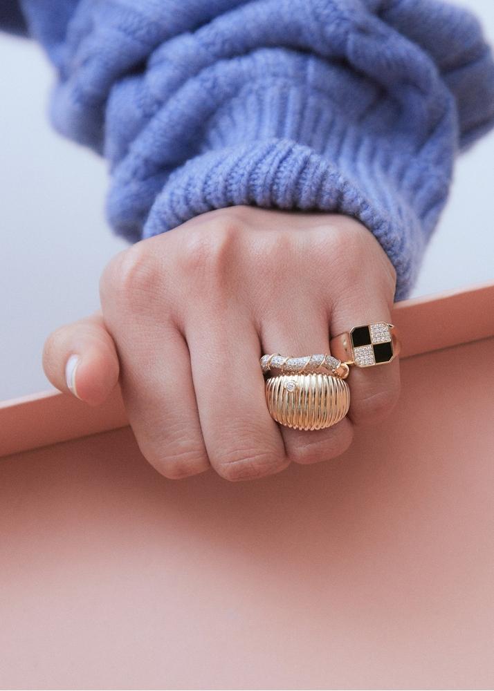 Yvonne Léon Bague Mini Damier Onyx Or Jaune