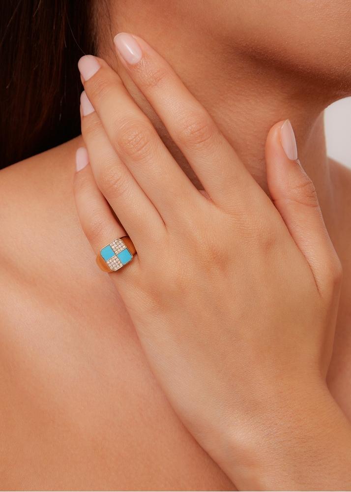 Yvonne Léon Bague Mini Damier Turquoise Or Jaune