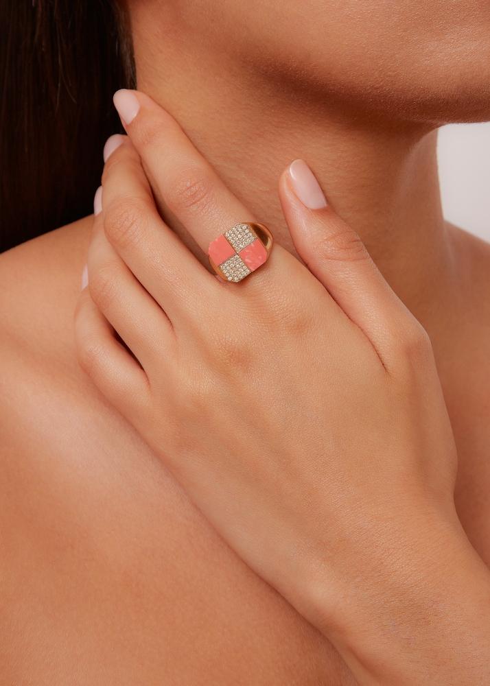 Yvonne Léon Bague Petit Damier Corail Or Jaune