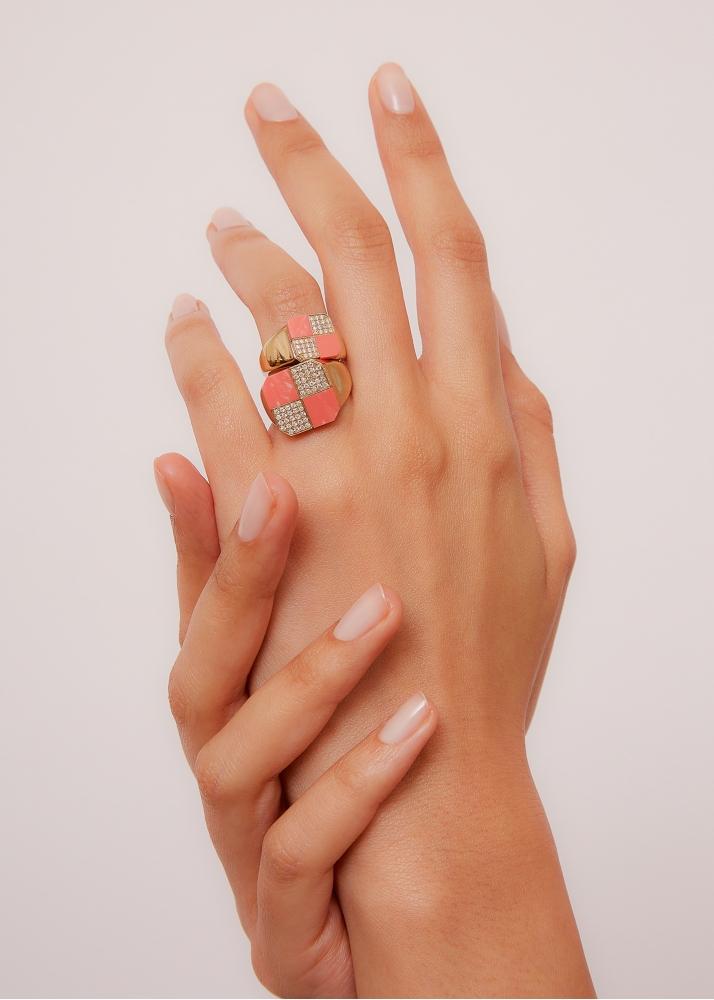 Yvonne Léon Bague Petit Damier Corail Or Jaune
