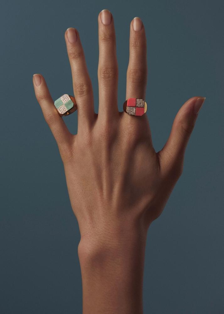 Yvonne Léon Bague Petit Damier Malachite Or Jaune