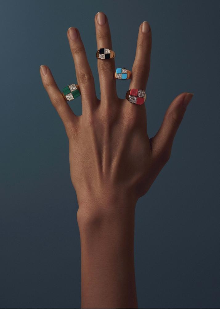 Yvonne Léon Bague Petit Damier Malachite Or Jaune