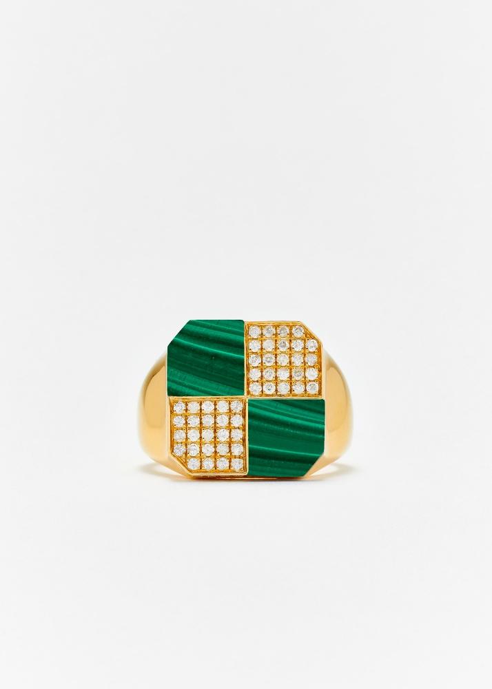 yvonne léon bague petit damier malachite or jaune