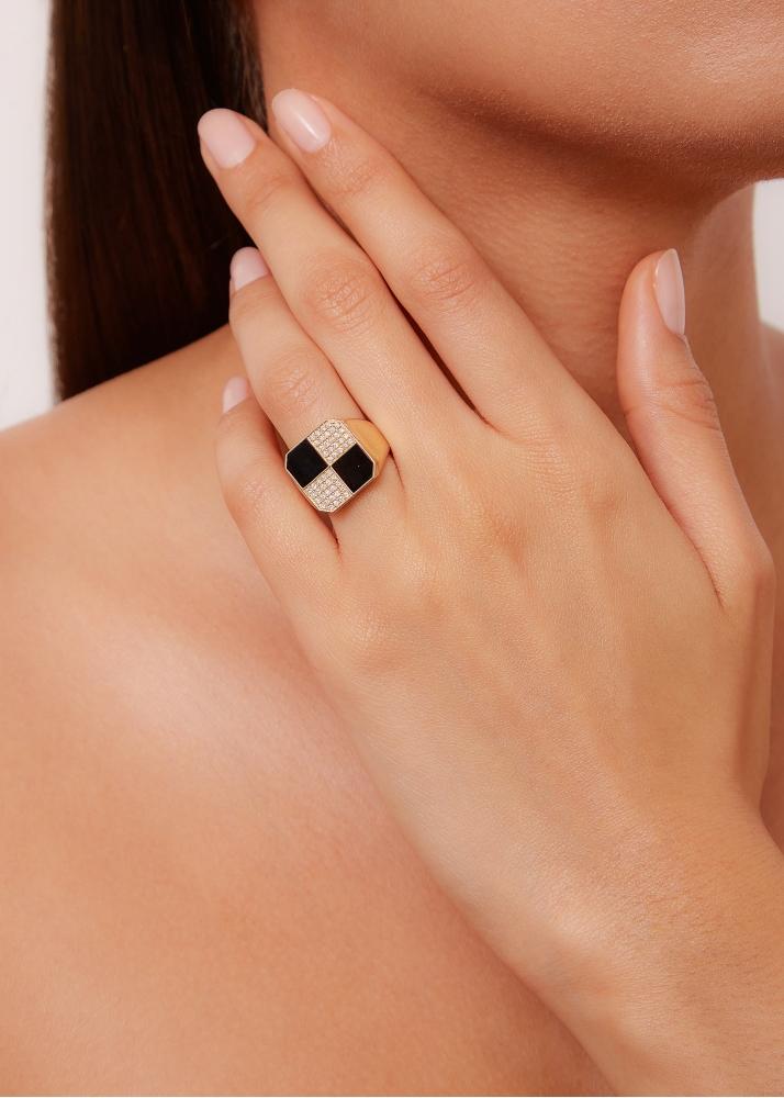 Yvonne Léon Bague Petit Damier Onyx Or Jaune