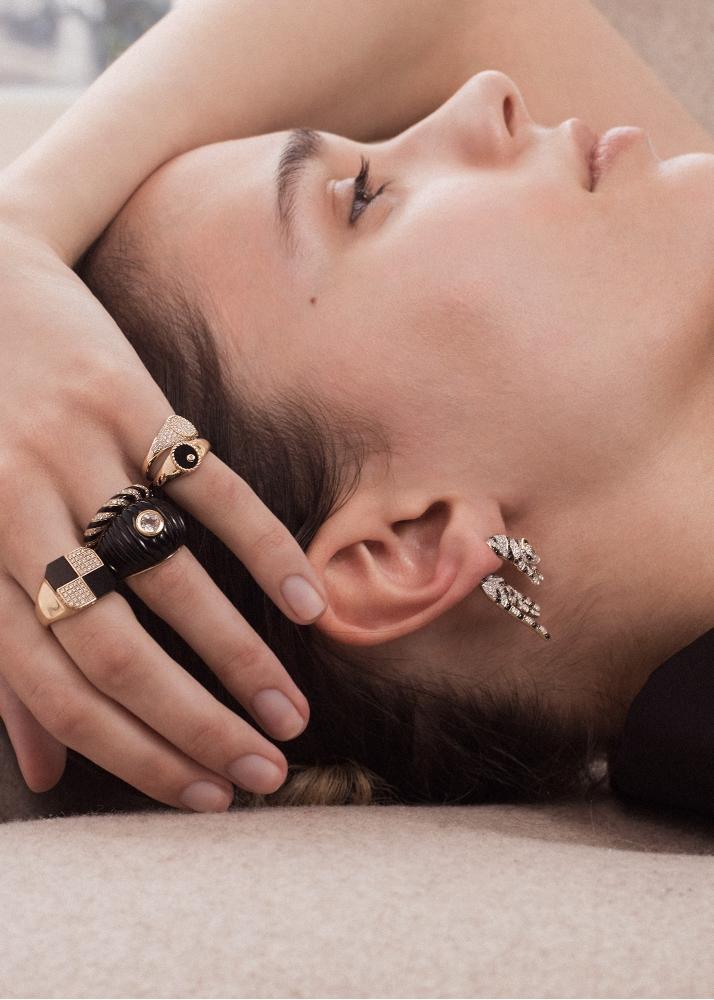 Yvonne Léon Bague Petit Damier Onyx Or Jaune