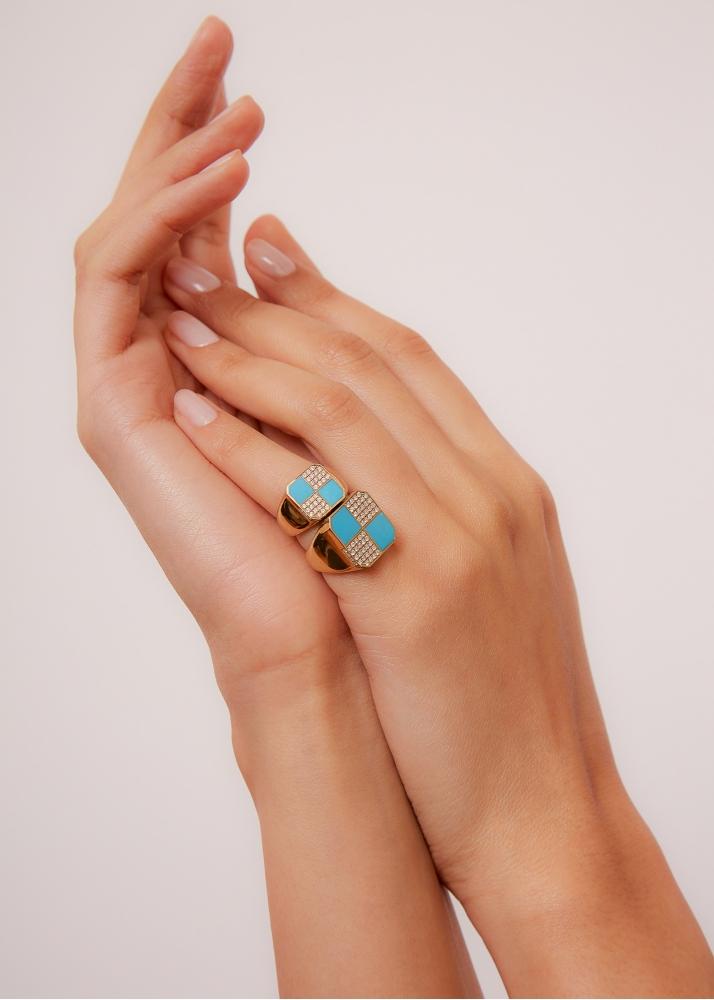 Yvonne Léon Bague Petit Damier Turquoise Or Jaune