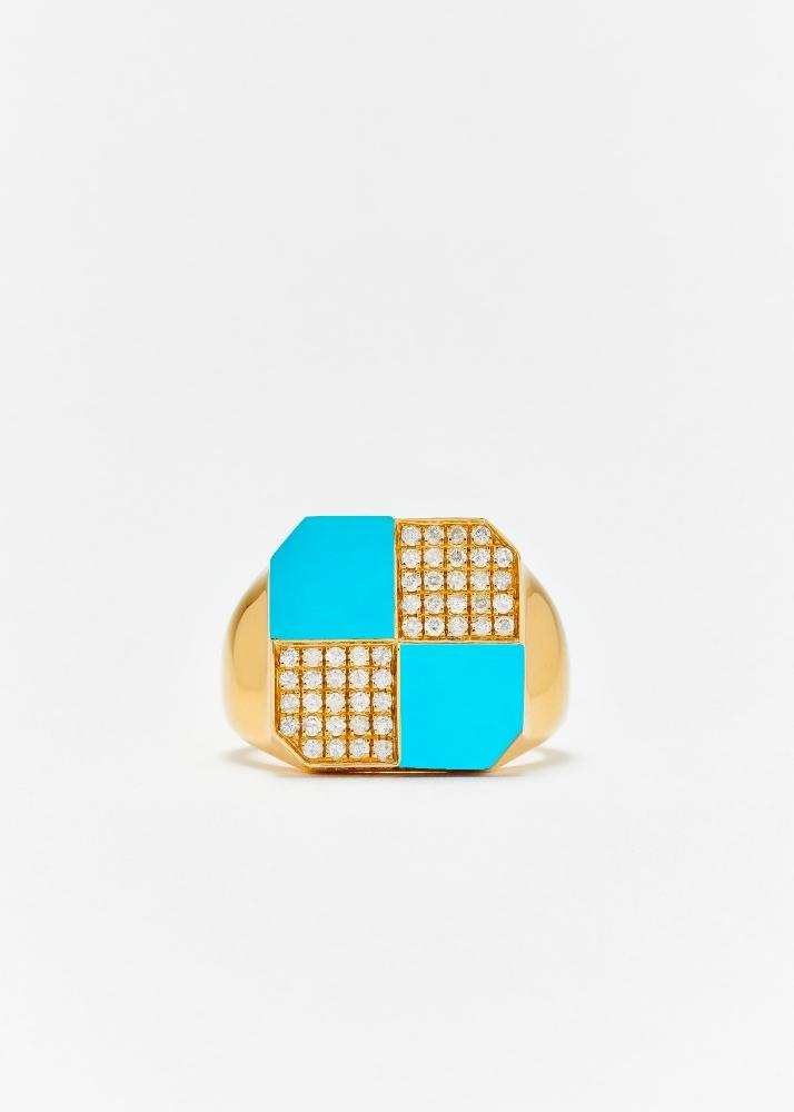 yvonne léon bague petit damier turquoise or jaune