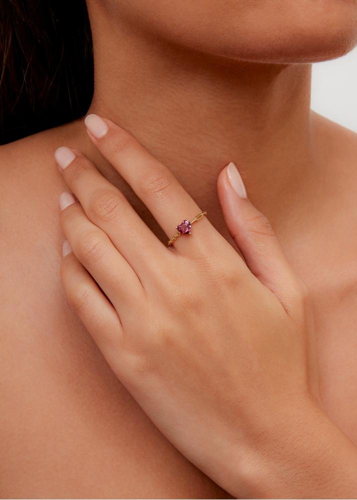 Yvonne Léon Bague Solitaire Coeur Rose Or Jaune