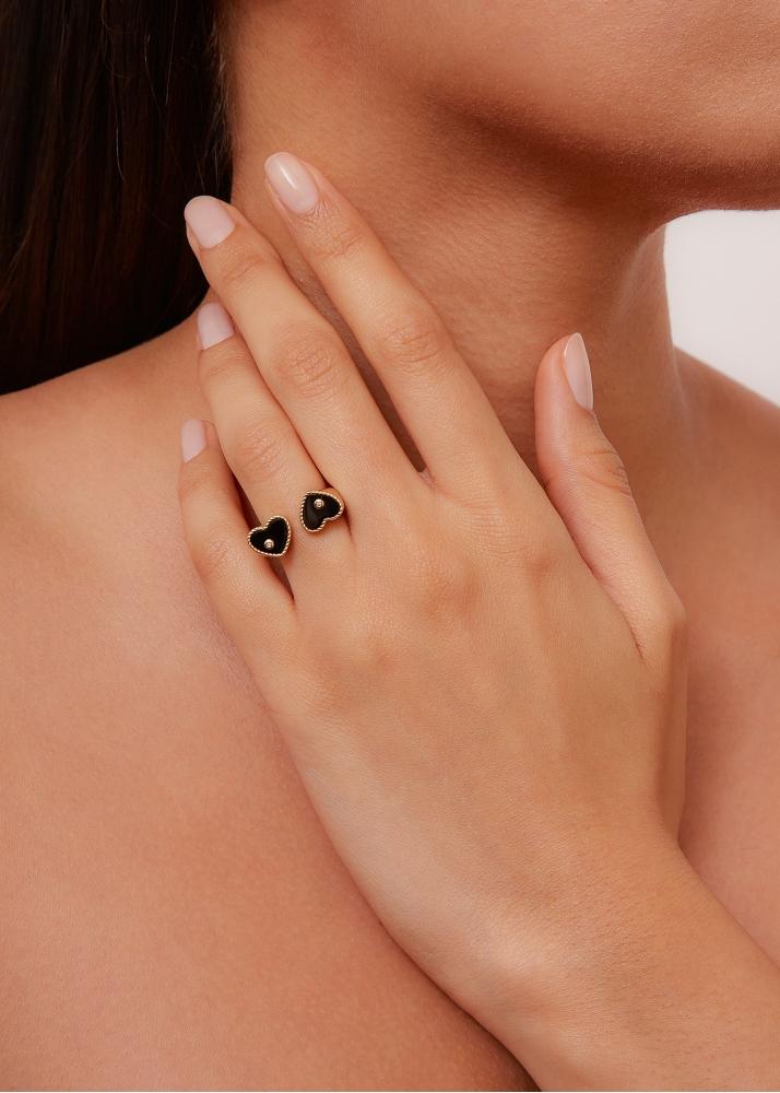 Yvonne Léon Bague Toi & Moi Coeur Onyx Or Jaune