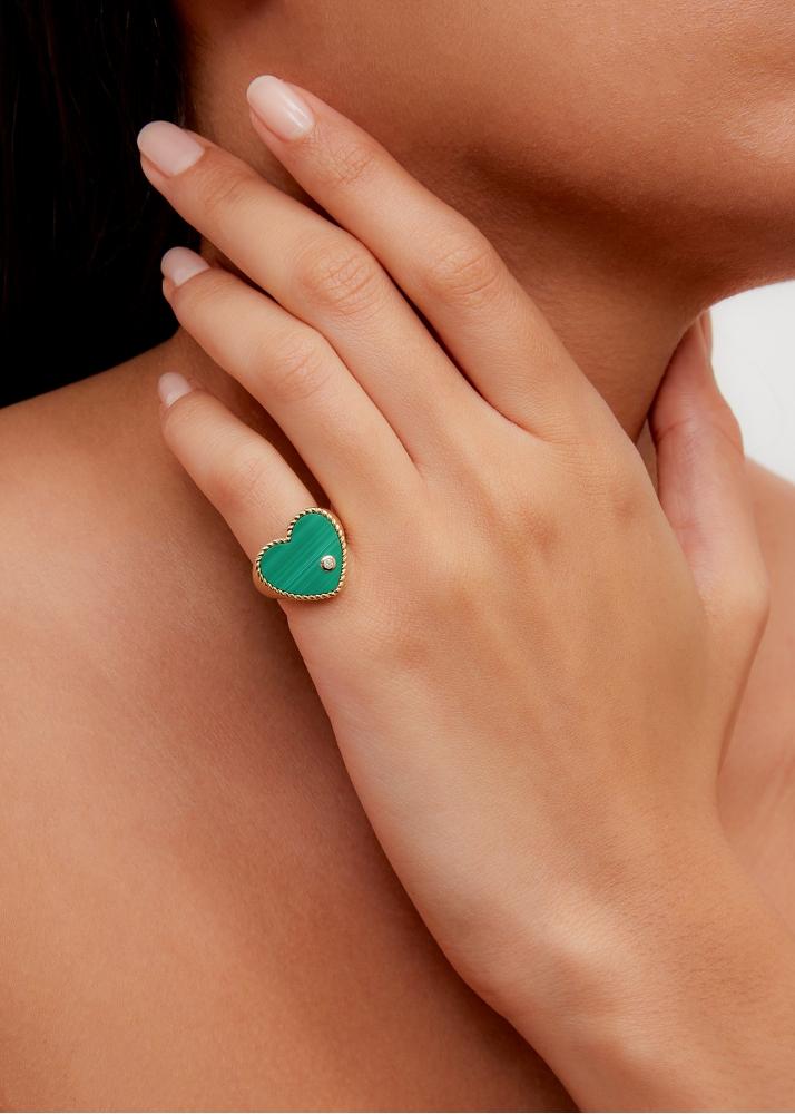 Yvonne Léon Chevalière Coeur Malachite Or Jaune