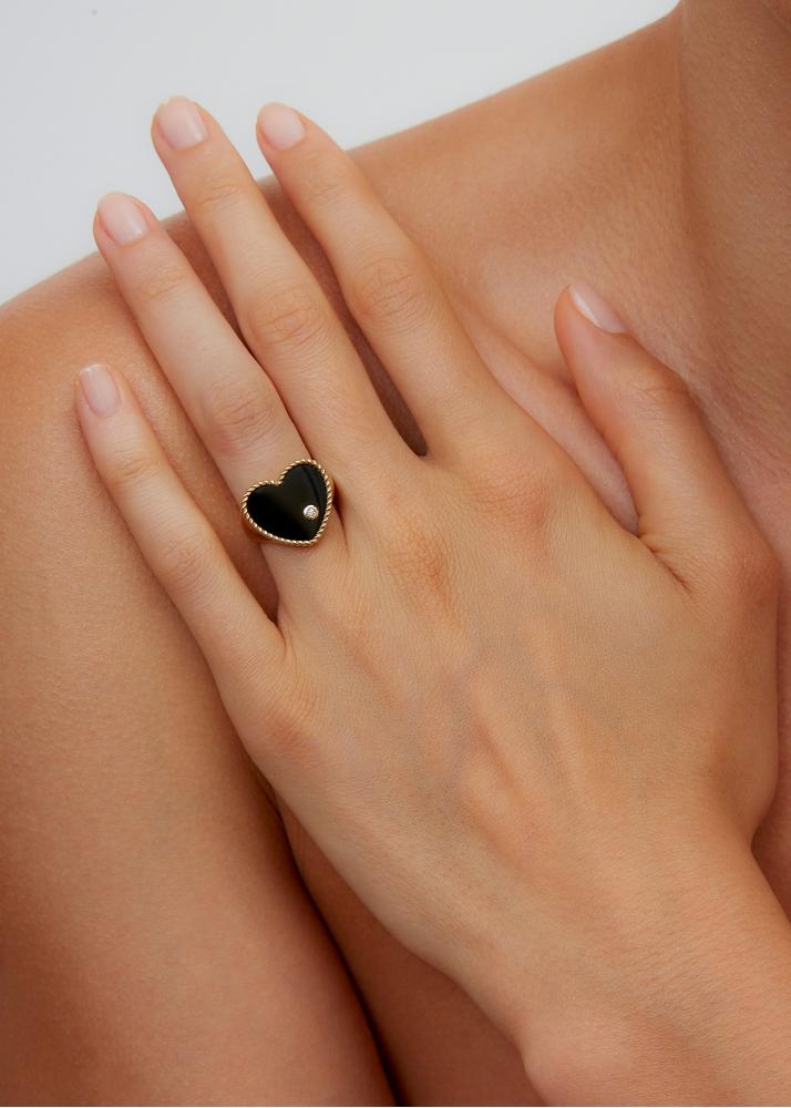 Yvonne Léon Chevalière Coeur Onyx Or Jaune