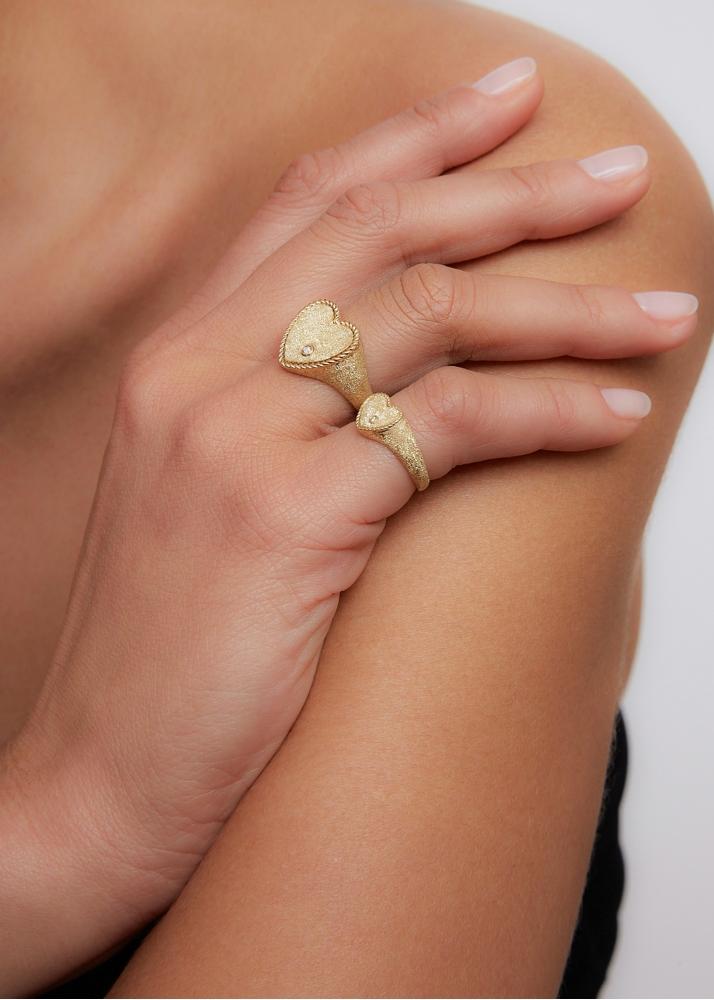 Yvonne Léon Chevalière Coeur Pailletée Or Jaune