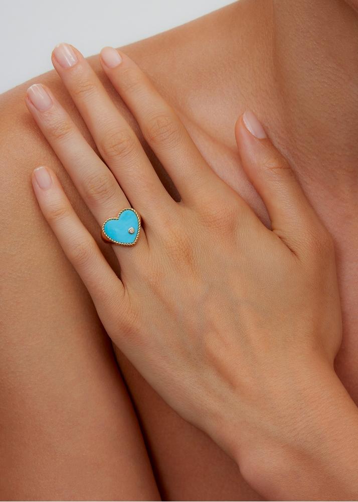 Yvonne Léon Chevalière Coeur Turquoise Or Jaune