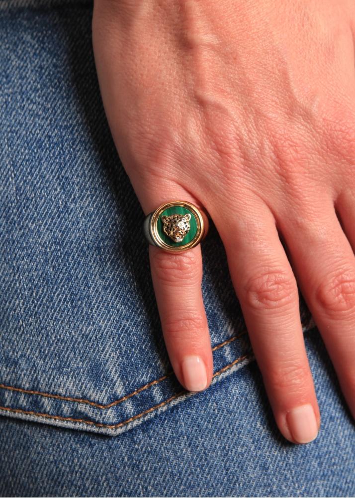 Yvonne Léon Chevalière Léopard Malachite Or Jaune