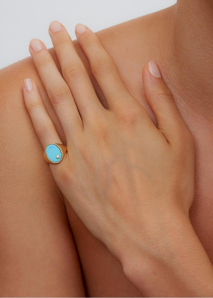 Yvonne Léon Chevalière Ovale Turquoise Or Jaune