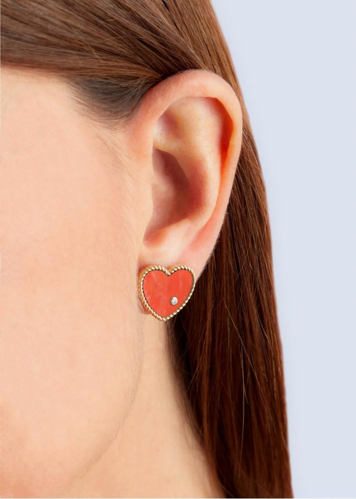 Yvonne Léon Paire De Puces Coeur Corail Or Jaune