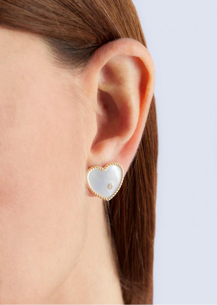 Yvonne Léon Paire De Puces Coeur Nacre Or Jaune