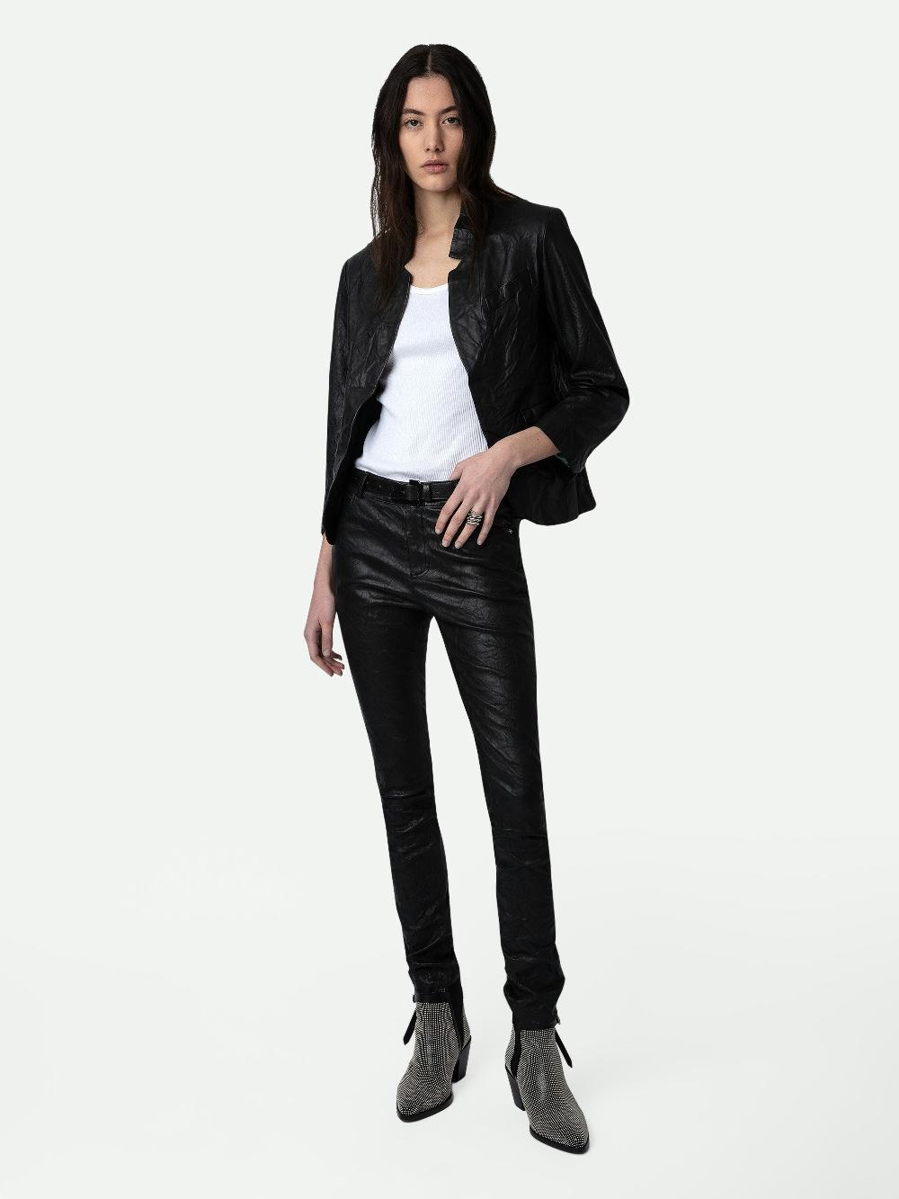 zadig & voltaire Pantalon Phlame Cuir Pantalon en cuir froissé noir zadig & voltaire Pantalon Phlame Cuir Pantalon en cuir froissé noir