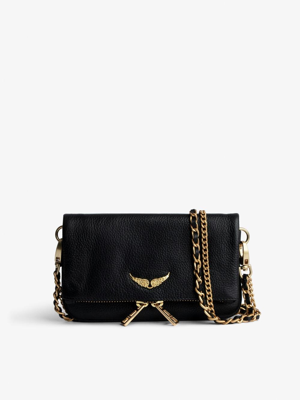 zadig & voltaire Pochette Rock Nano Pochette en cuir grainé à double chaînes cuir et métal et ailes ornées de strass