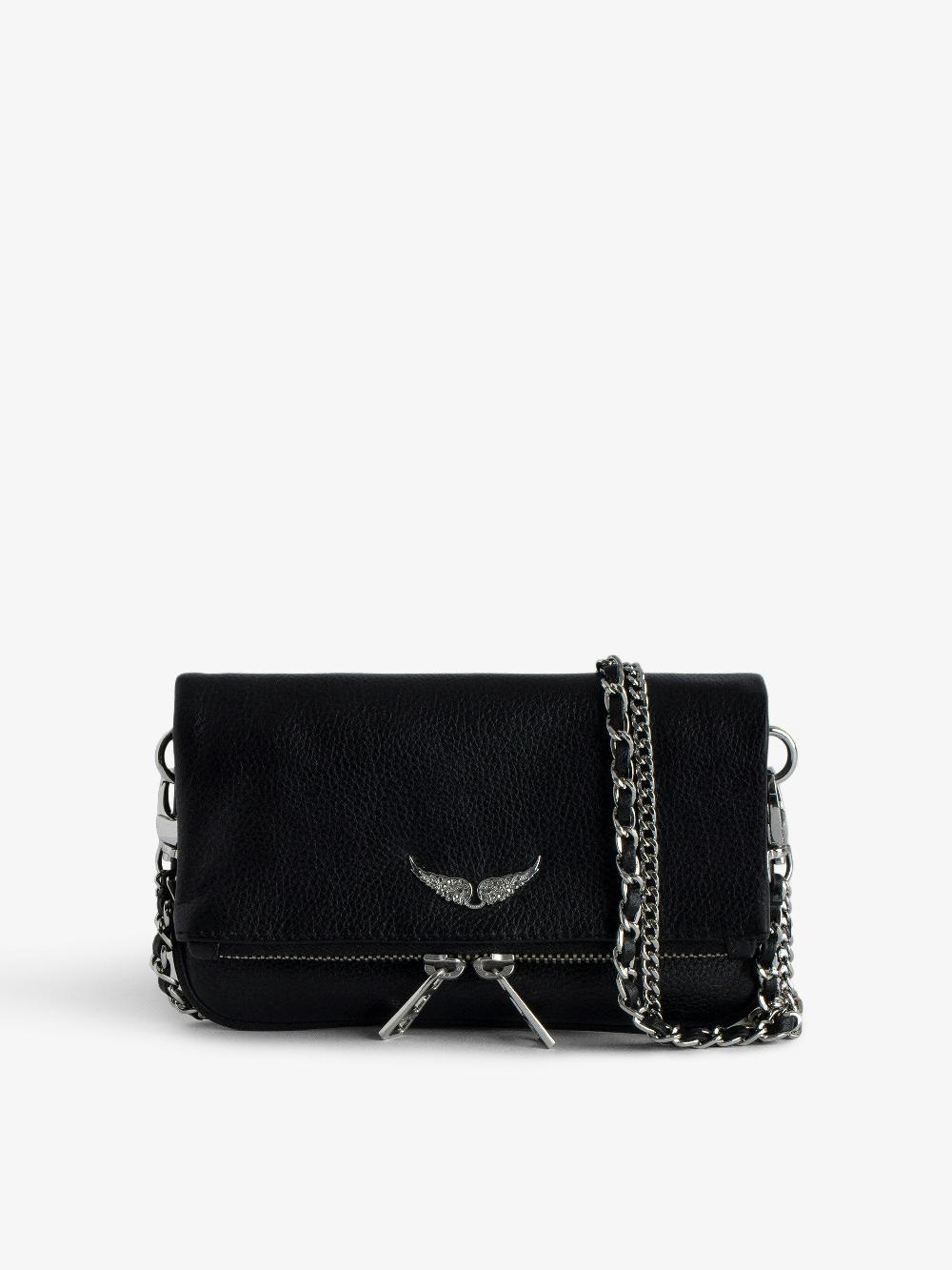 zadig & voltaire Pochette Rock Nano Pochette en cuir grainé à double chaînes cuir et métal et ailes ornées de strass