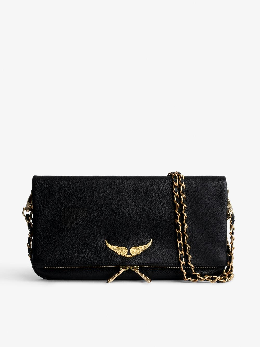 zadig & voltaire Pochette Rock Pochette en cuir grainé à double chaînes cuir et métal et ailes ornées de strass