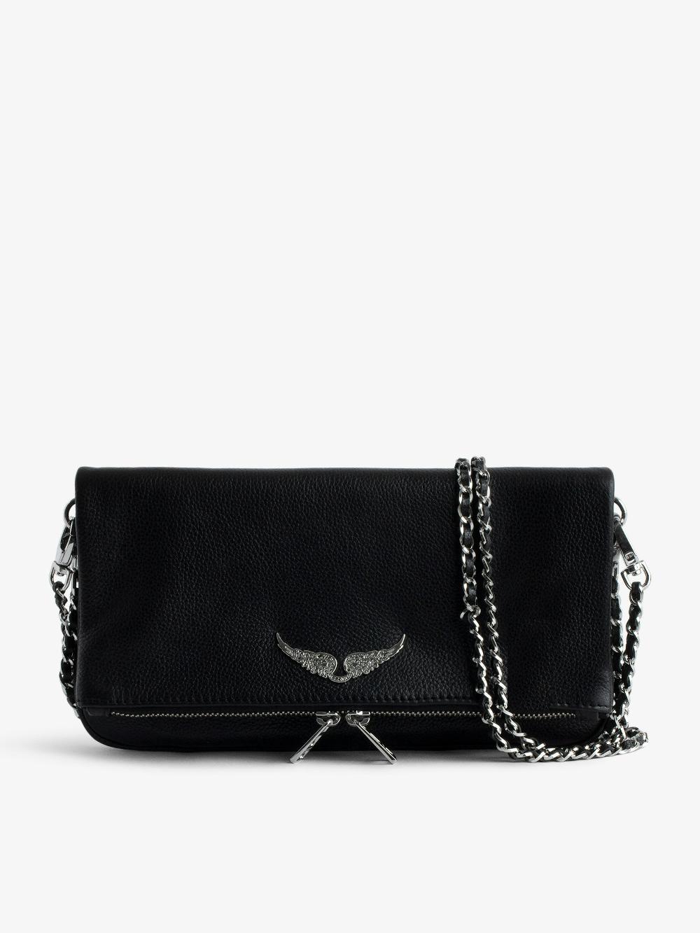 zadig & voltaire Pochette Rock Pochette en cuir grainé à double chaînes cuir et métal et ailes ornées de strass