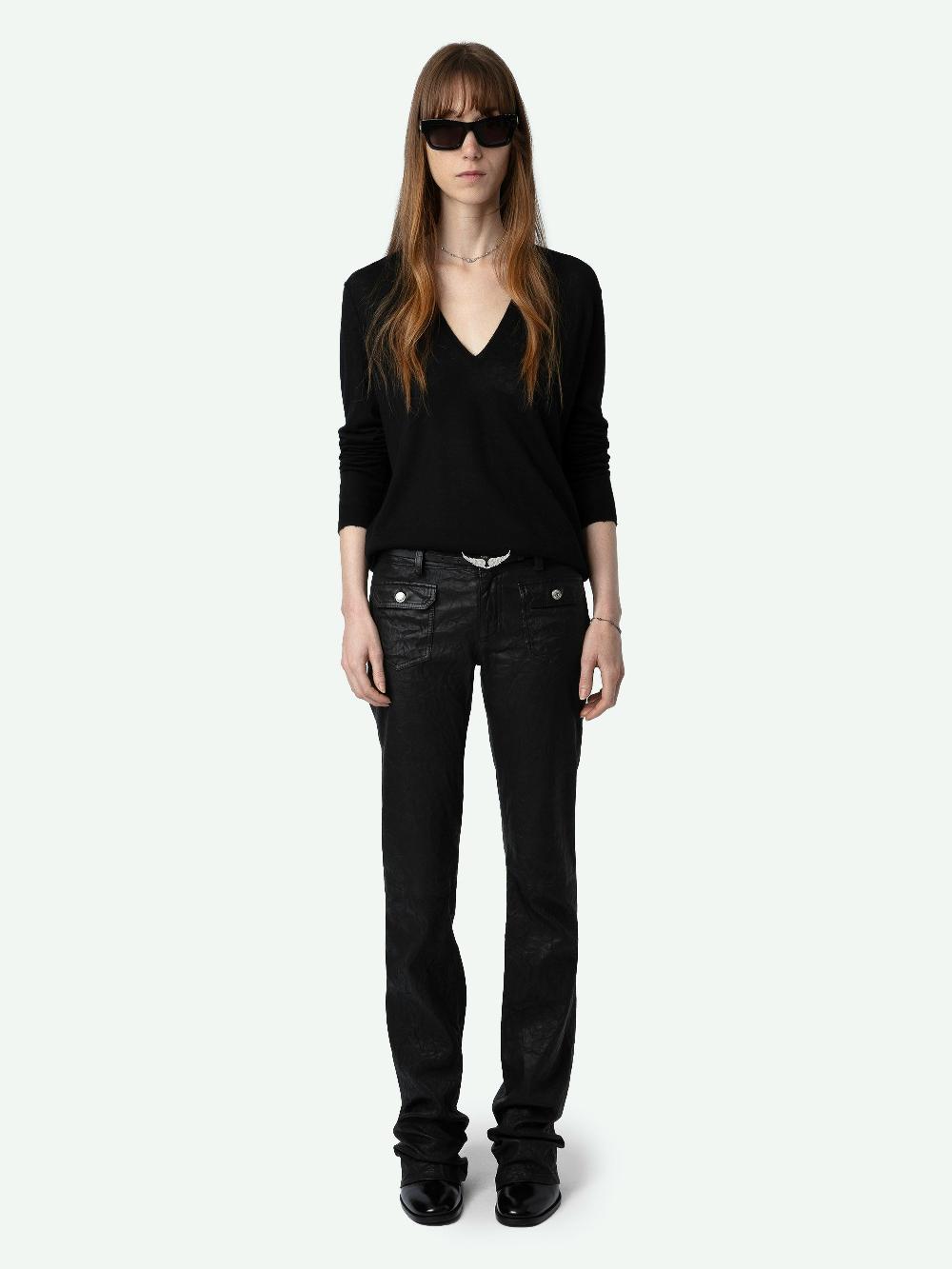 zadig & voltaire Pull Rivy 100% Cachemire Pull en cachemire plume à col V manches longues broderie ailes au dos et bords effet usés