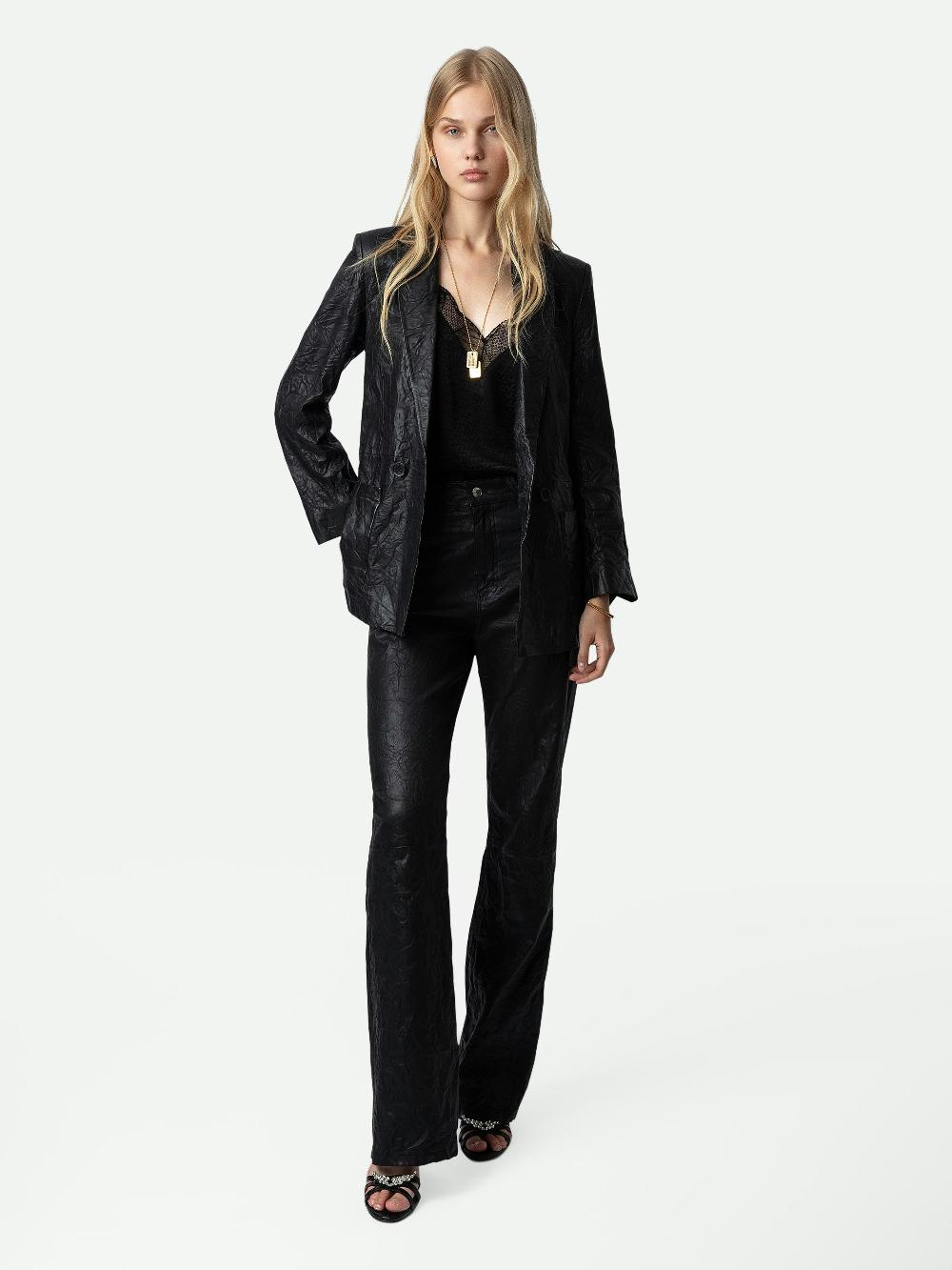 zadig & voltaire Veste Visko Cuir Froissé Blazer droit double boutonnage en cuir froissé