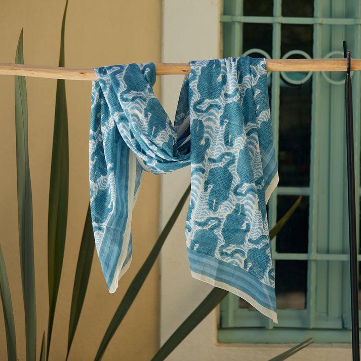 zen ethic Grande Echarpe ou Pareo Tigre 100% Coton BIO - Bleu