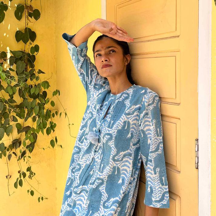 zen ethic Robe Louisa longue Tiger 100% Coton BIO - Bleu