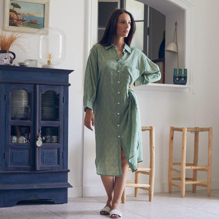 zen ethic Robe Chemise Anna Unie 100% Coton - Vert