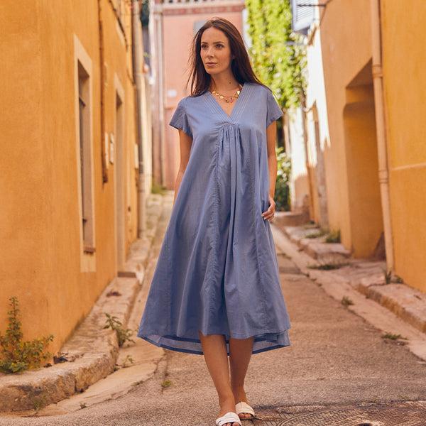 Zen Ethic Robe Iris Longue Unie 100%Coton - Bleu