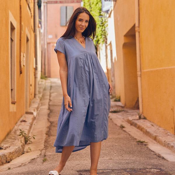 Zen Ethic Robe Iris Longue Unie 100%Coton - Bleu