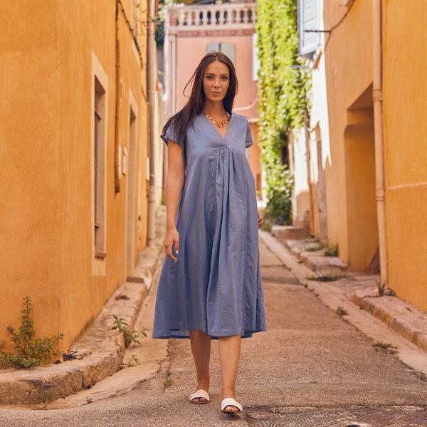 Zen Ethic Robe Iris Longue Unie 100%Coton - Bleu