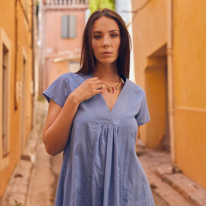 zen ethic Robe Iris longue unie 100%Coton - Bleu